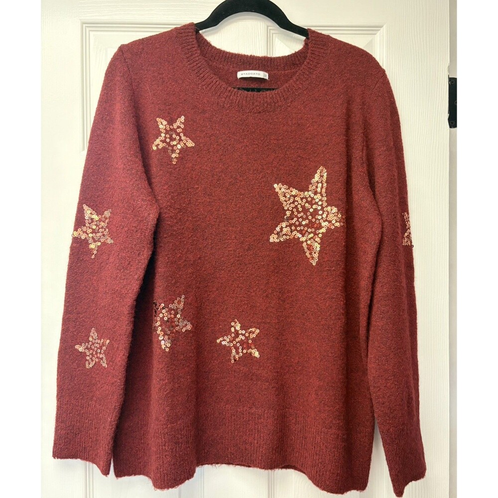Staccato Sequin Star Embellished Burgundy Sweater XL Excellent Artsy 90s Casual